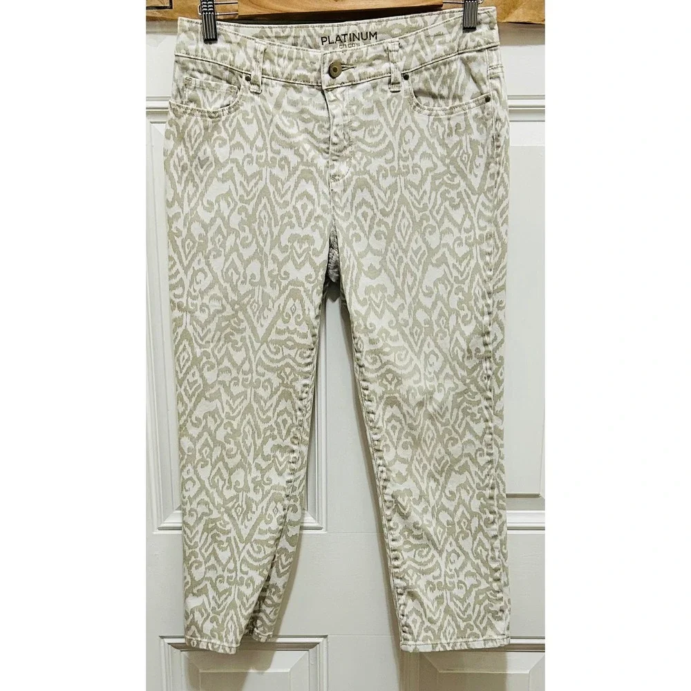 Chicos Platinum‎ Crop Pants 00 Tan White Ikat Pattern Mid Rise Womens 5 Pocket